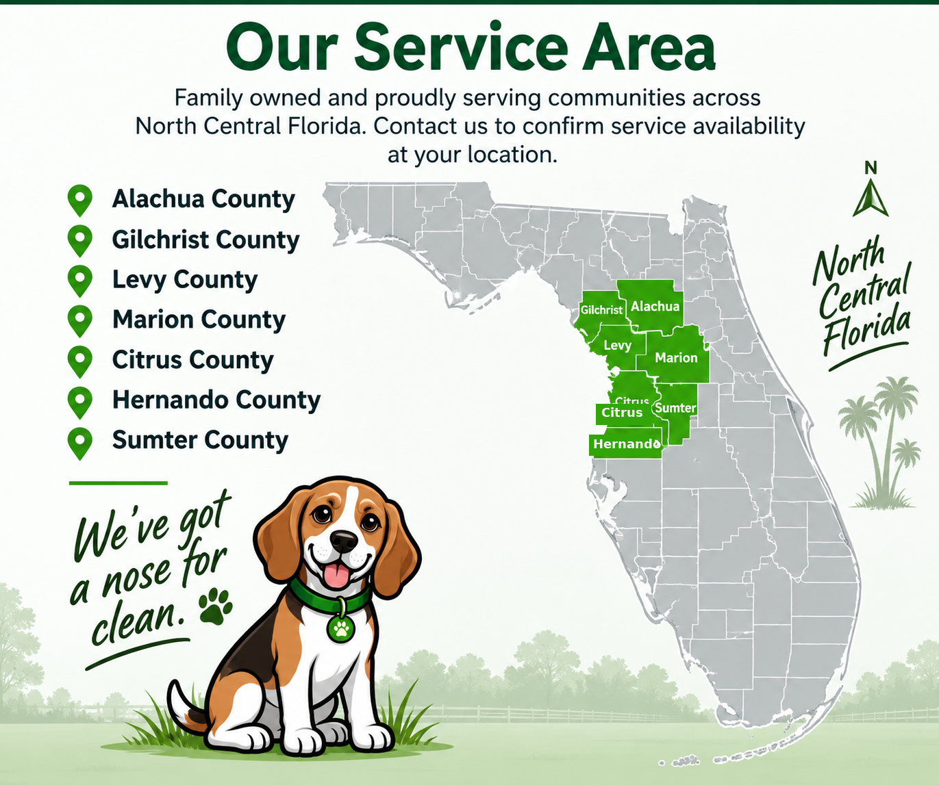 Our Service Area — North Central Florida map showing Alachua, Gilchrist, Levy, Marion, Citrus, Hernando and Sumter Counties with the Heine Sanitation beagle mascot